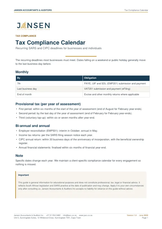 Tax Compliance Calendar cover